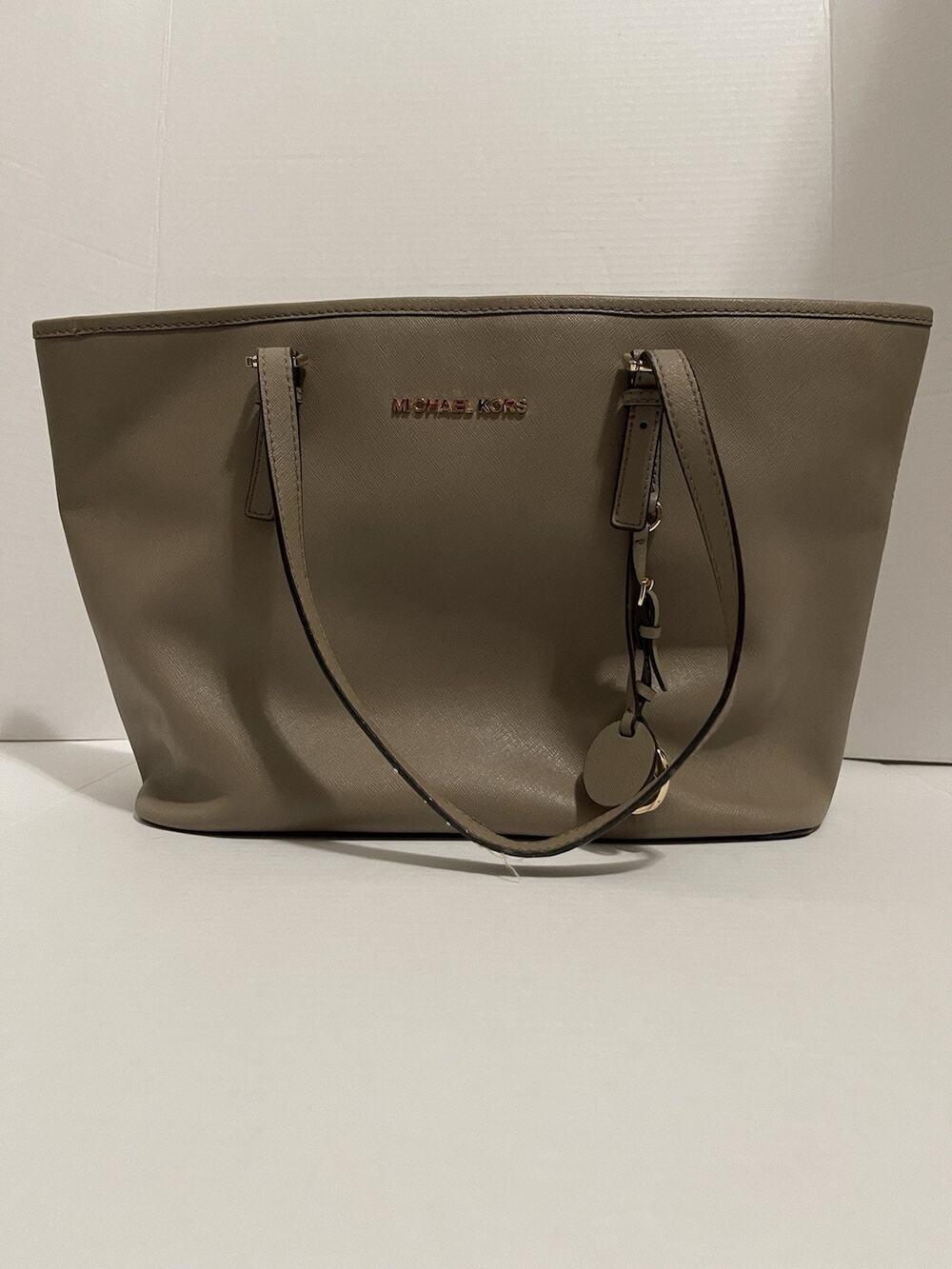 Michael Kors Jet Set Large Saffiano Leather Top-Zip Tote Bag Tan Purse